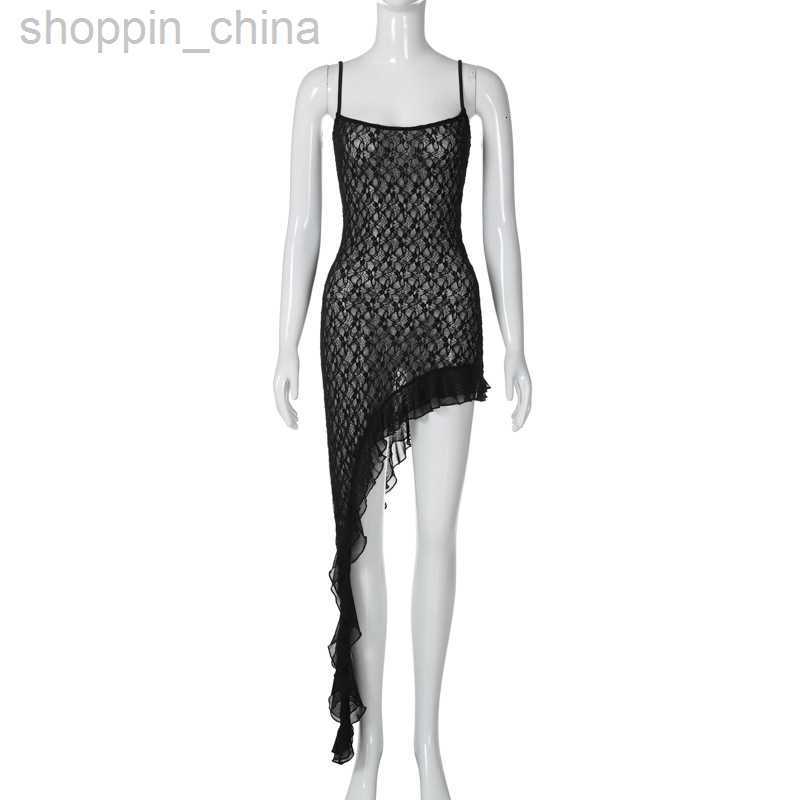 Basic Casual Dresses new sexy lace perspective solid color diagonal skirt patchwork ruffle edge suspender dress for women
