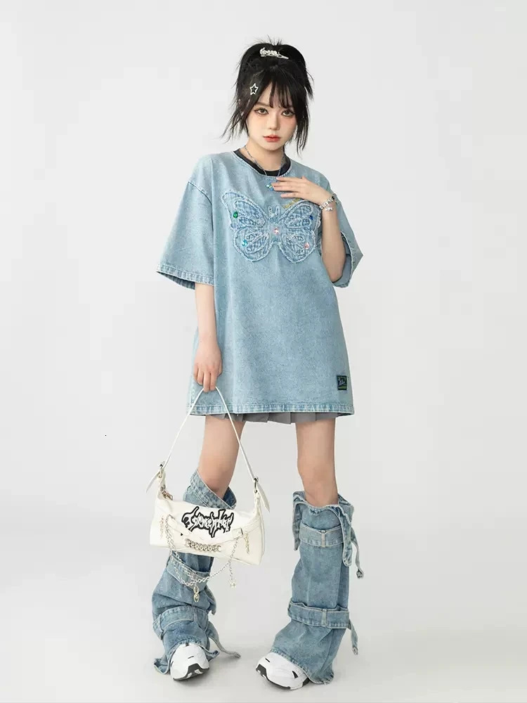 REDDACHiC Acubi Fashion Belt Blue Leg Warmers Womens Gaiter Denim Bandage Y2k Cuffs Boots Cover Thigh-long Socks Topper Legging 240613