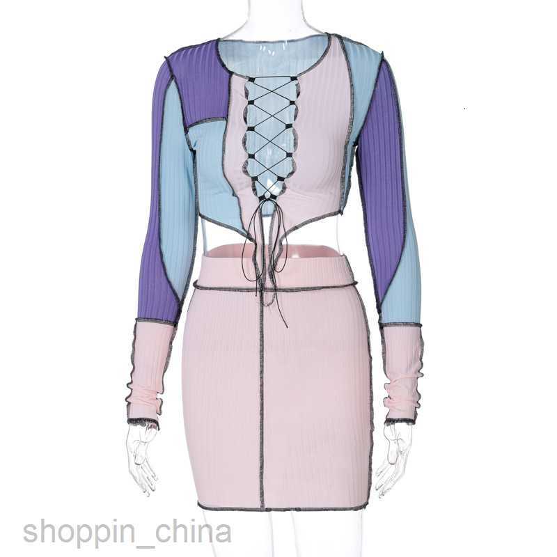 Two Piece Dress Sets Spring Top Selling New Chest Lace up Hollow Contrast Color T-shirt Short Skirt Reverse Side Set for Women