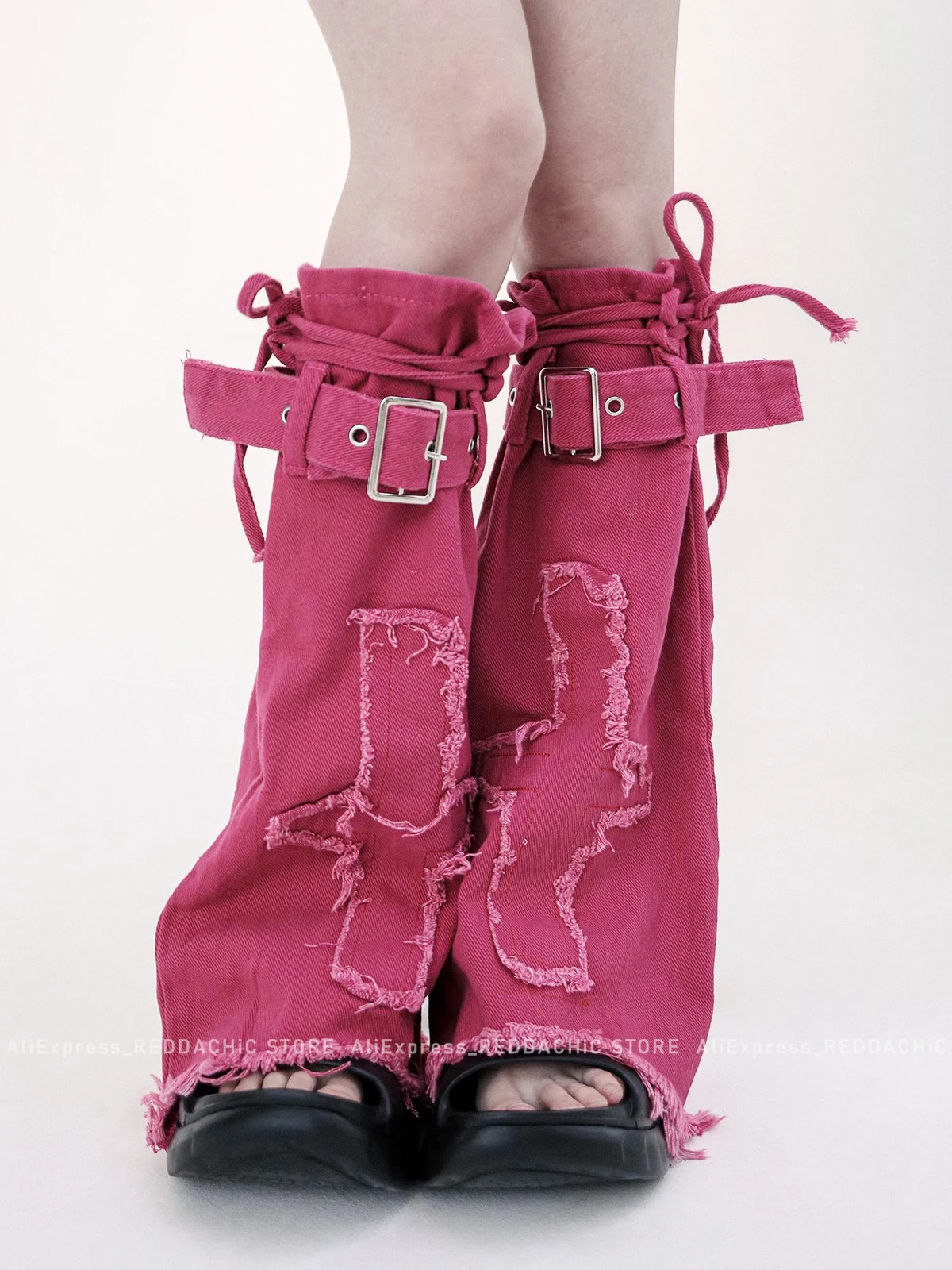 REDDACHiC Cross Raw Edge Women Leg Warmers Black Gaiter Lolita Gothic Beenwarmers Denim Boots Cover Knee Long Socks Y2k Clothes 240613