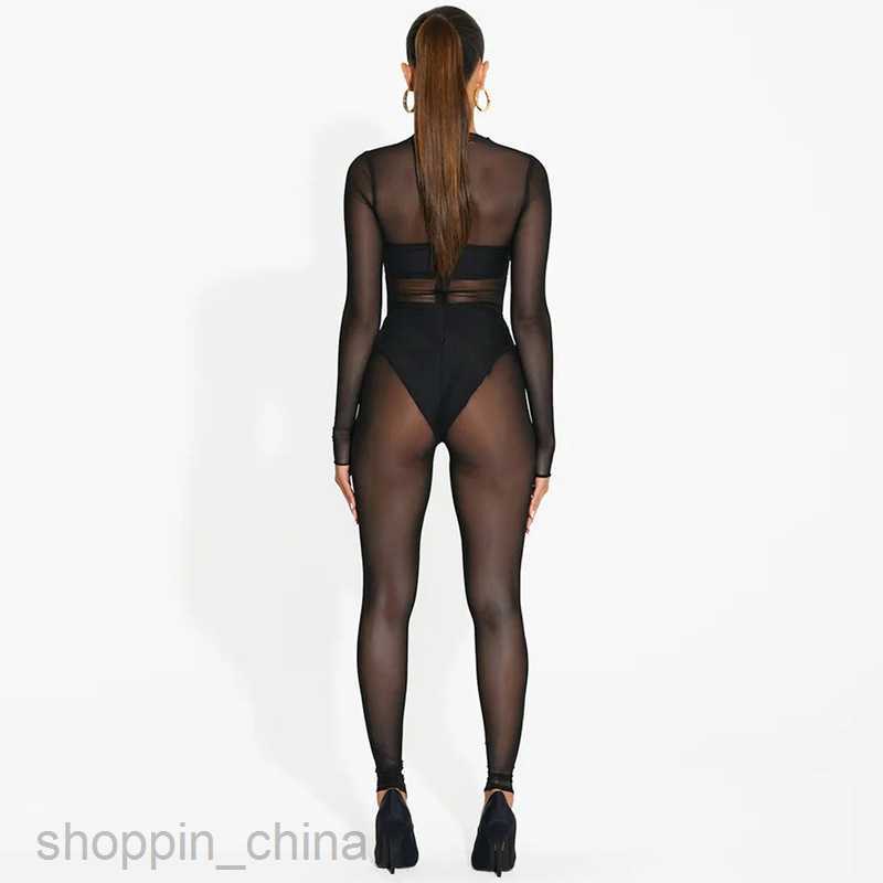 Basic Casual Women Dresses Wind Long sleeved Mesh Pants Summer New Women's Sexy Perspective jumpsuit