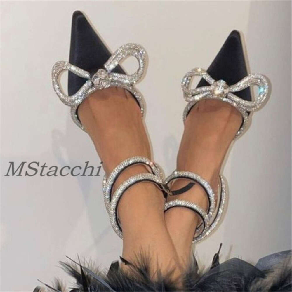 Glitter Rhinestones Women Pumps Crystal Bowknot Satin Sandals 2023 Summer Transparent High Heels Party Prom Designer Shoes