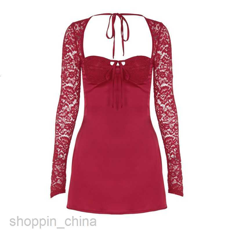 Basic Casual Women Dresses women's clothing sexy chest wrap close fitting patchwork lace long sleeved lace up hanging neck sexy short dress