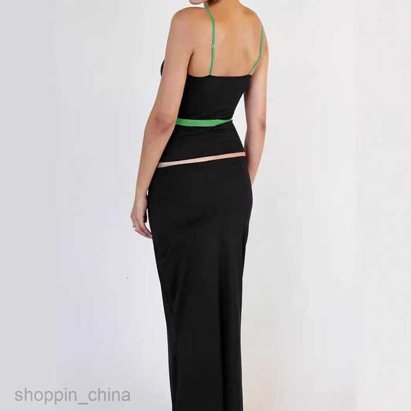Two Piece Dress Sets Women's clothing summer new fashionable contrasting color suspender vest two-piece long skirt set for women