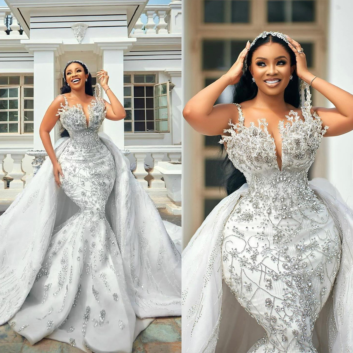 Fashion Crystal Mermaid Wedding Dresses Luxurious Beaded Sleeveless Plus Size Bridal Gown Custom Made