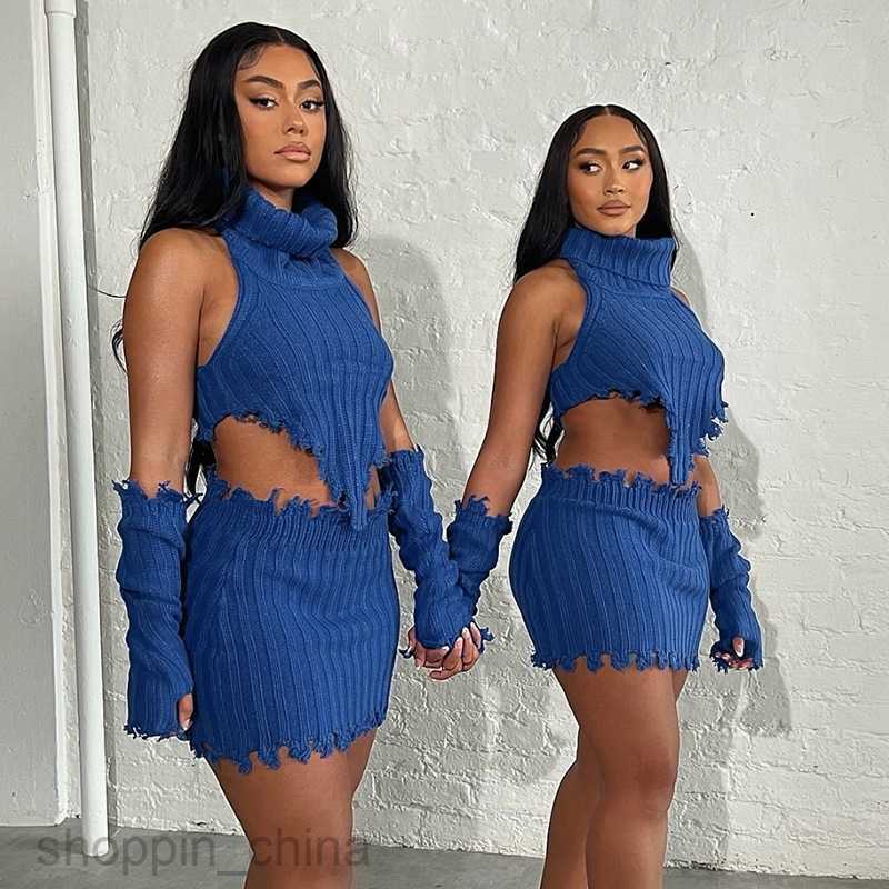 Two Piece Dress Sets New Set Sweater Women Sexy Wrap Chest High Collar Long Sleeve Irregular Short Skirt Edge Three Piece Set Women