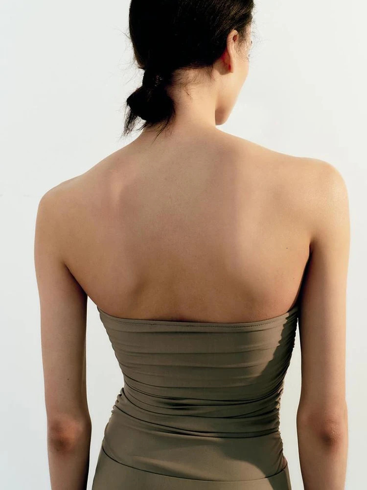 TRAFZA Womens Summer Strapless Bodysuit Ruffle Half Skirt Set Backless Sexy Tight Bodysuit Ruched Stretch Two Piece Suit 240601