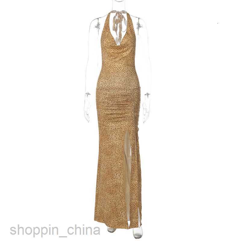 Basic Casual Women Dresses Summer New Fashion Print Sexy V-Neck Hollow Spliced Lace up Hanging Neck Split Dress for Women