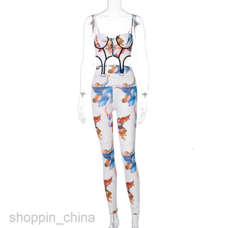 Women's Two Piece Sets Pants Spring Top New Zipper Printed Strap Small Tank Top Long Pants Casual Set for Women