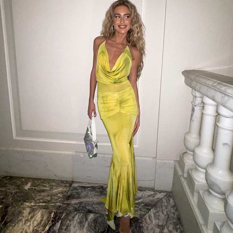 Basic Casual Dresses Women's Spring New Temperament Mature Style Hanging Neck Deep V Printed Long Lotus Leaf Dress