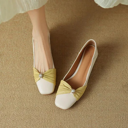 Heels 2024 Spring Square Head Shallow Mouth Bow Single Shoes Low Heel Shoes Leisure High-end 240612