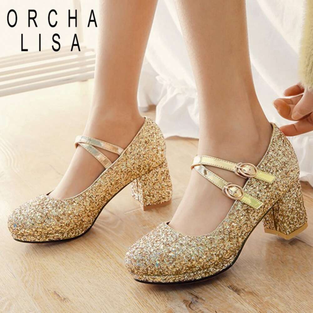 ORCHA LISA Bling Wedding Women Pumps Glitter Rhinestone Ankle Strap Block Heels Party Dress Shoes Gold Sier