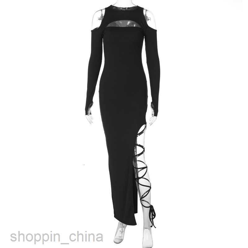 Basic Casual Dresses Sexy Leggings Split Dress Style Spring Women's New Solid Color Long sleeved Hollow Long Skirt