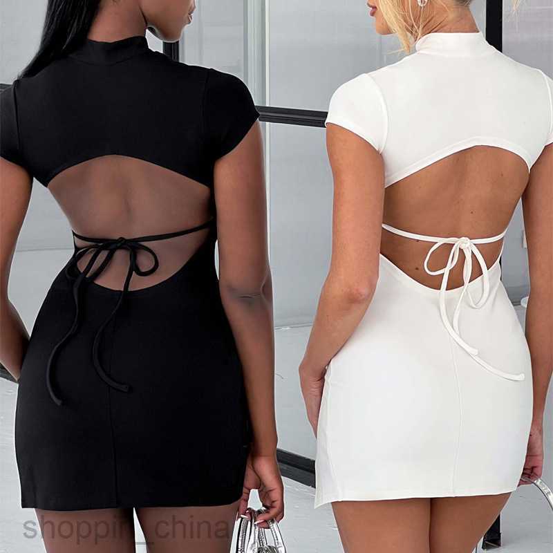 Basic Casual Dresses Split Dress Summer New Short Sleeve Neck Sexy Open Back Style Lace up Dress