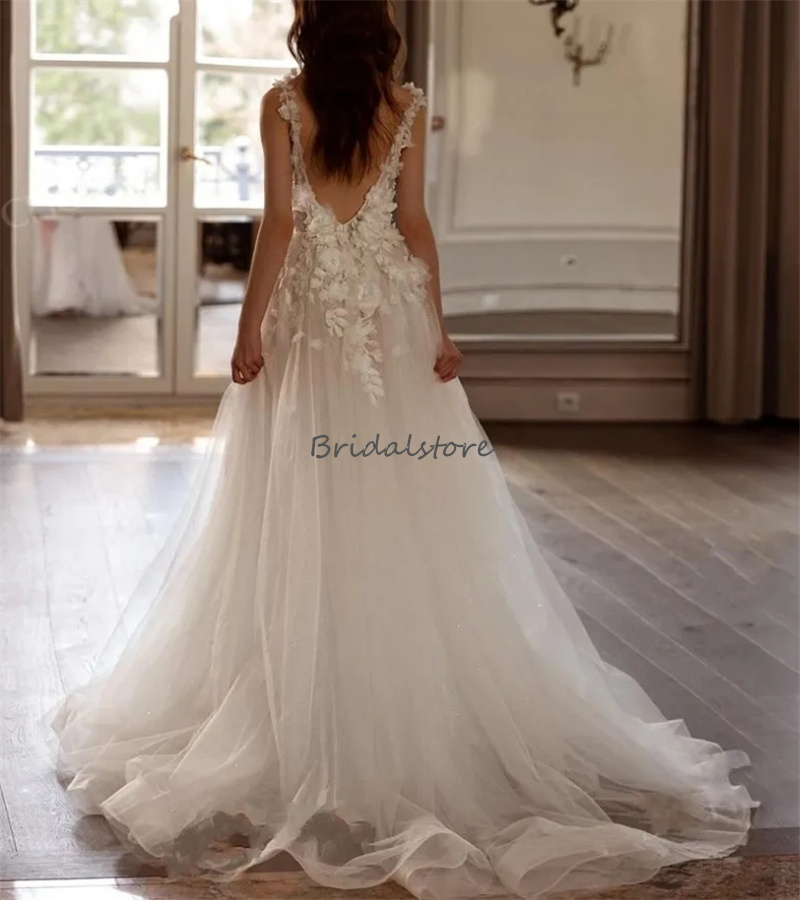 Fairy Boho Beach Wedding Dresses 3D Flowers Lace A-Line Sleeveless Split Bohemian Civil Bridal Gowns Spaghetti Straps Tulle Country Garden Bride Dress