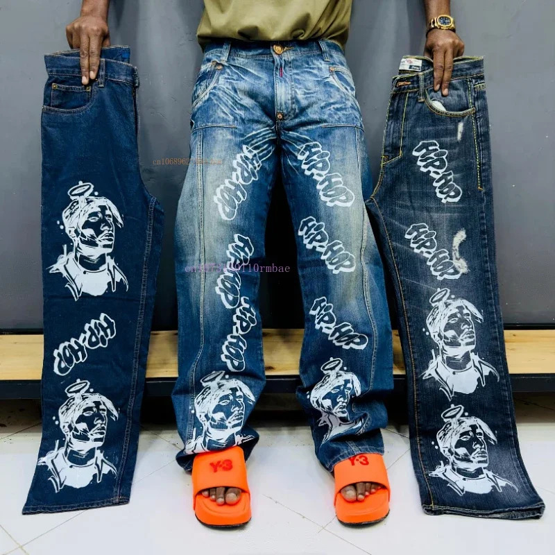 Y2k American Retro Jeans Men Women Ins Net Red Gangster Handsome Straight Jeans Summer Loose Pattern Printing Couple Pants 240531 - view 4