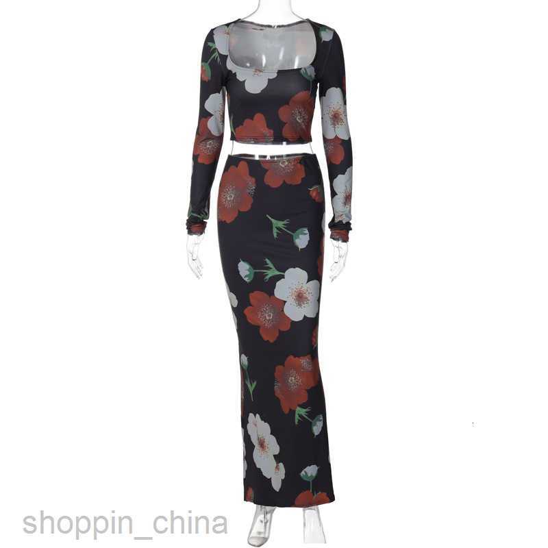 Two Piece Dress Sets New fashion bouquet long sleeved printed top slim fit temperament buttocks wrapped long skirt set