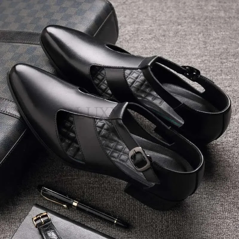 Mens Genuine Leather High Heel Dress Sandals Daily Business Office Work Sandals Trendy Hollow Pointed Toe Buckle Sandals 240612