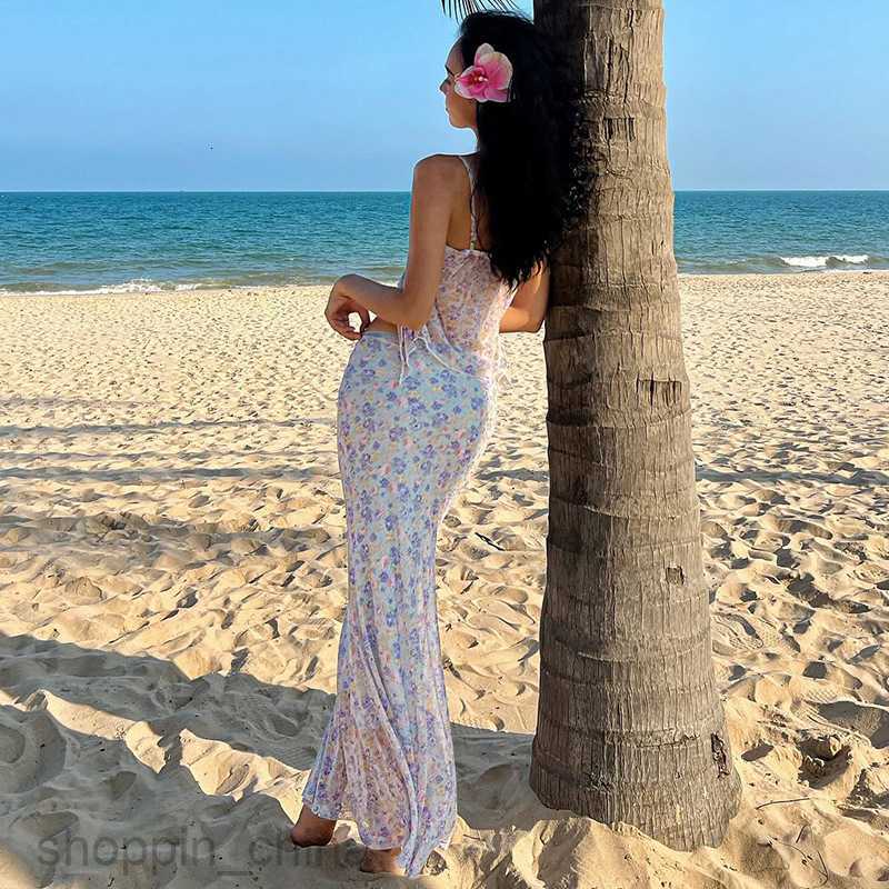 Two Piece Dress Sets style new sexy double-layer mesh suspender slim fit skirt pure desire style floral set for women