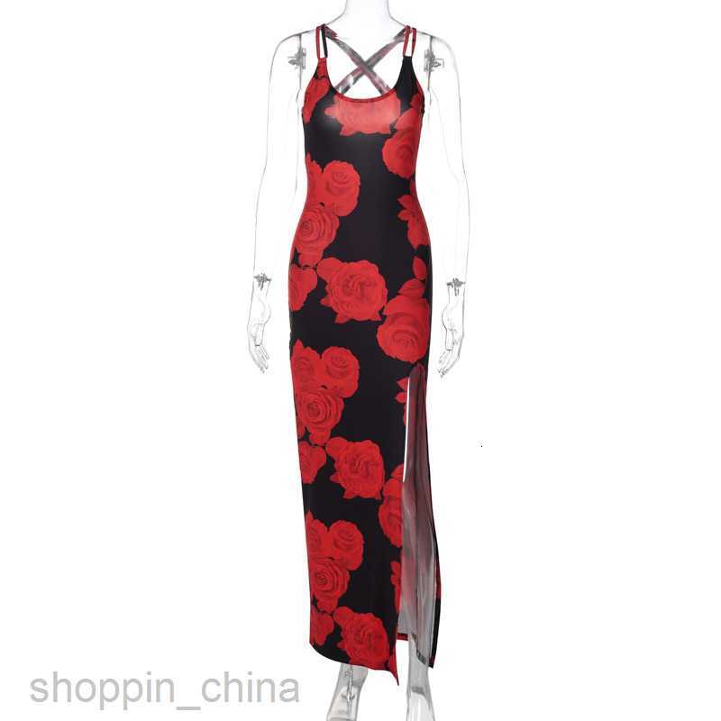 Basic Casual Women Dresses Summer Women's Fashion Printed Long Dress Sexy Split Strap Dress