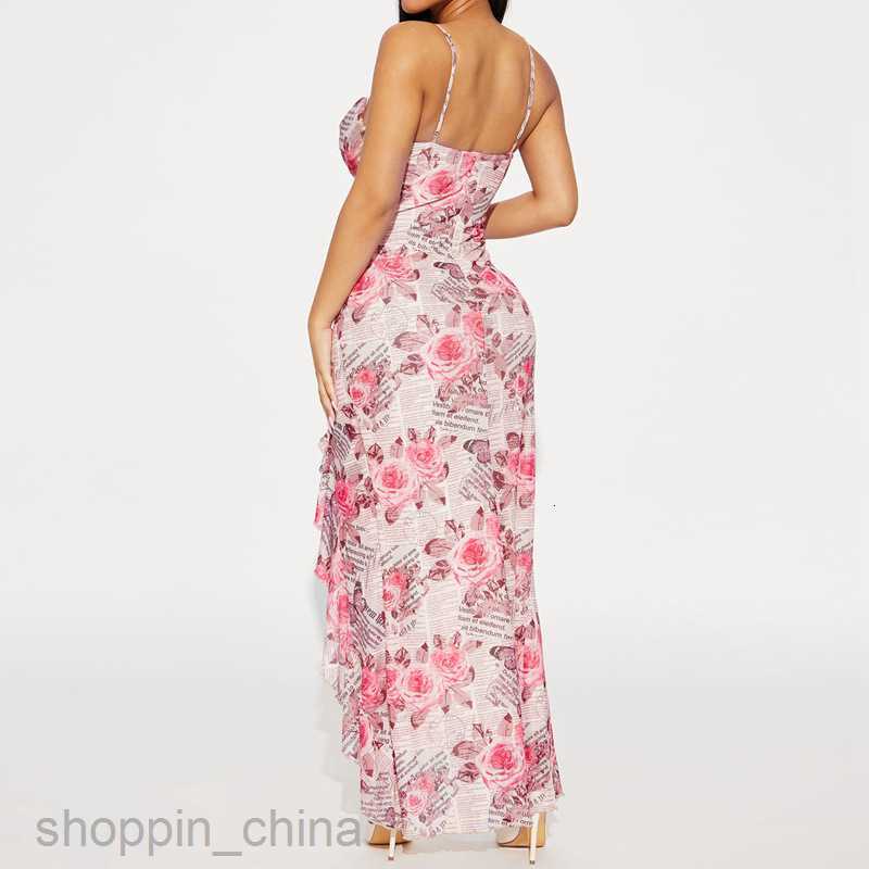 Basic Casual Dresses Summer Women's New Flower Printed Ruffle Edge Split Sling Fashion Dress
