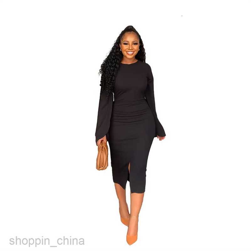 Basic Casual Women Dresses women's solid color casual round neck split sleeve slim fitting dress
