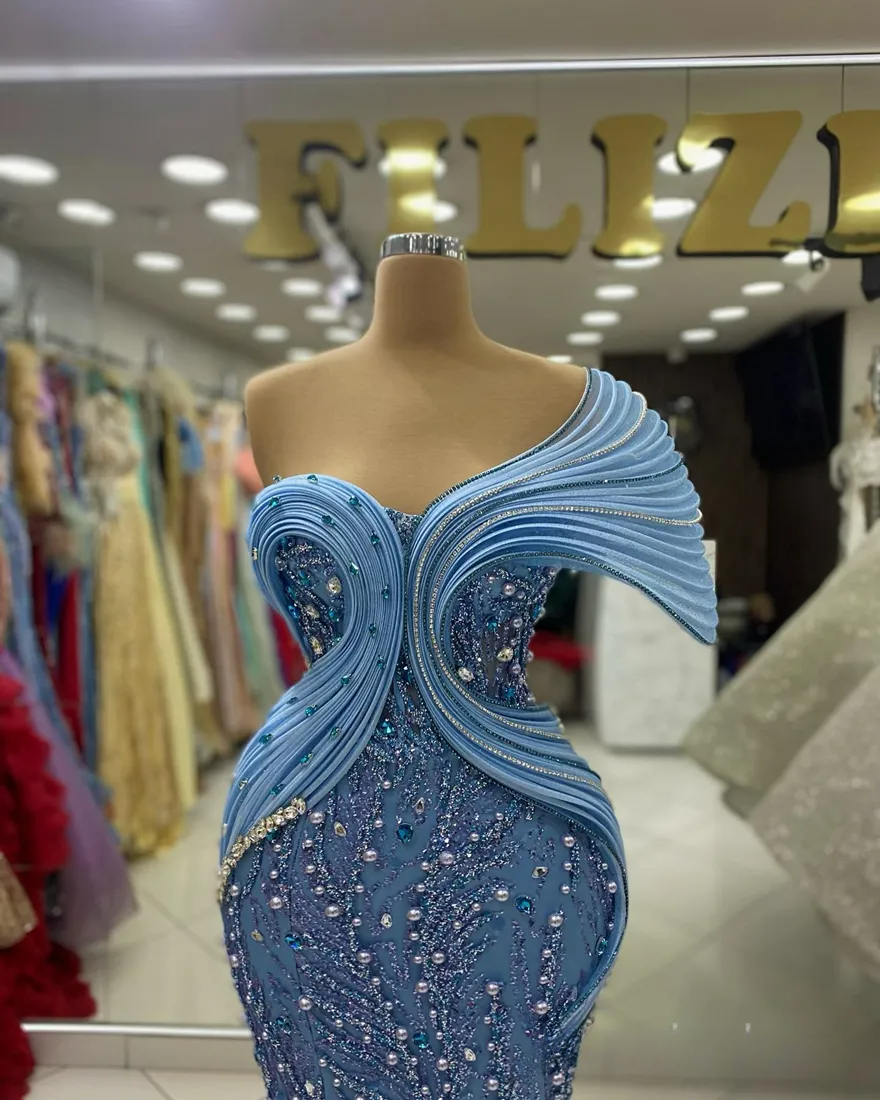 Plus Size 2024 Prom Dresses For Special Occasions Mermaid One Shoulder Beaded Lace Pearls Crystals Birthday Party Gowns Reception Dress Robe De Soiree