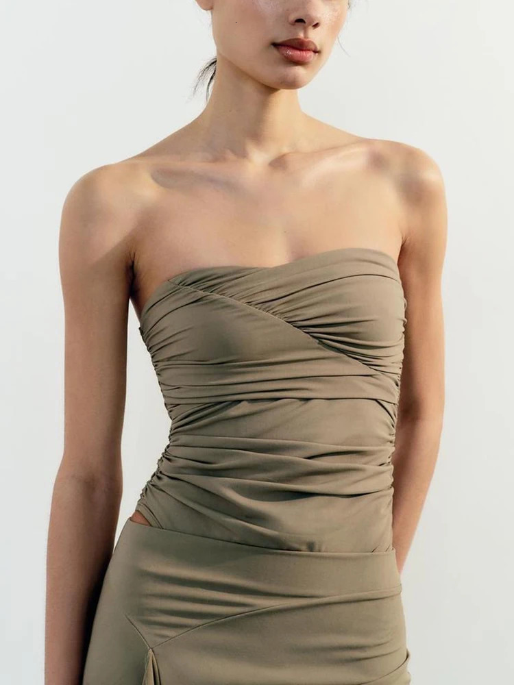 TRAFZA Womens Summer Strapless Bodysuit Ruffle Half Skirt Set Backless Sexy Tight Bodysuit Ruched Stretch Two Piece Suit 240601