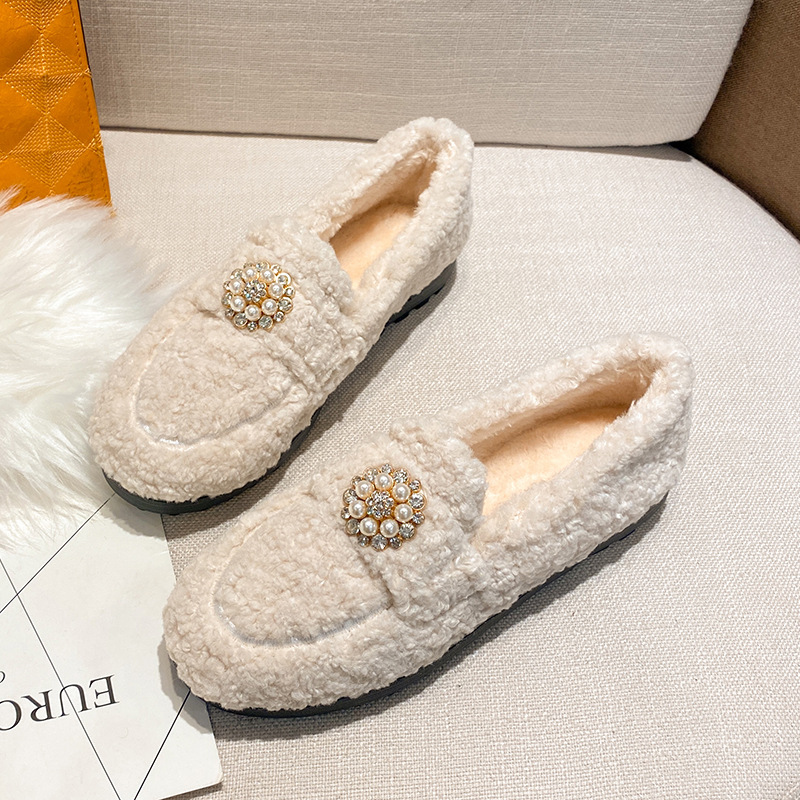 2023 Lambswool Moccasins women warm plush winter shoes woman espadrilles comfy fleeces loafers crystal pearl fur flats plus size