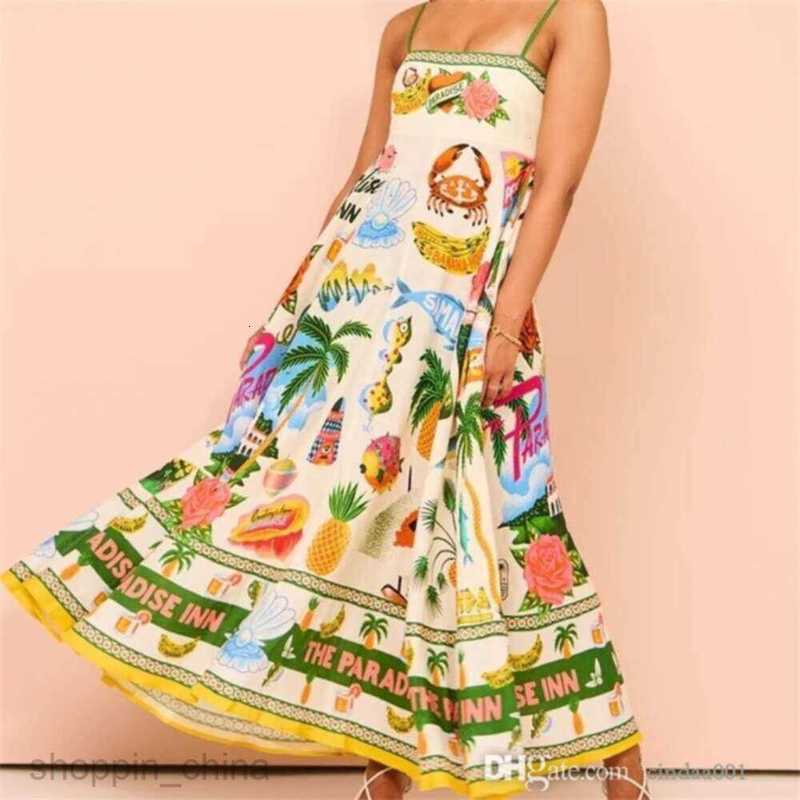 Women Dress Designer New Sexy Suspender Graffiti Cotton And Linen Printed Large Hem Dresses 6 Colours G05