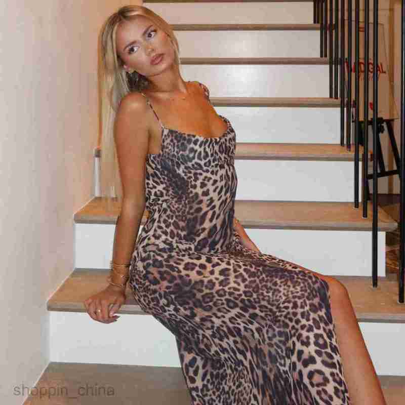 Basic Casual Dresses Summer Street Style New Fashion Leopard Print Sexy V-neck Split Strap Dress for Women Shirt Dress