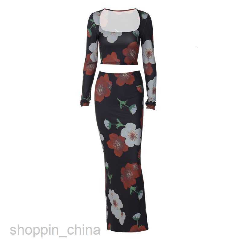 Two Piece Dress Sets New fashion bouquet long sleeved printed top slim fit temperament buttocks wrapped long skirt set