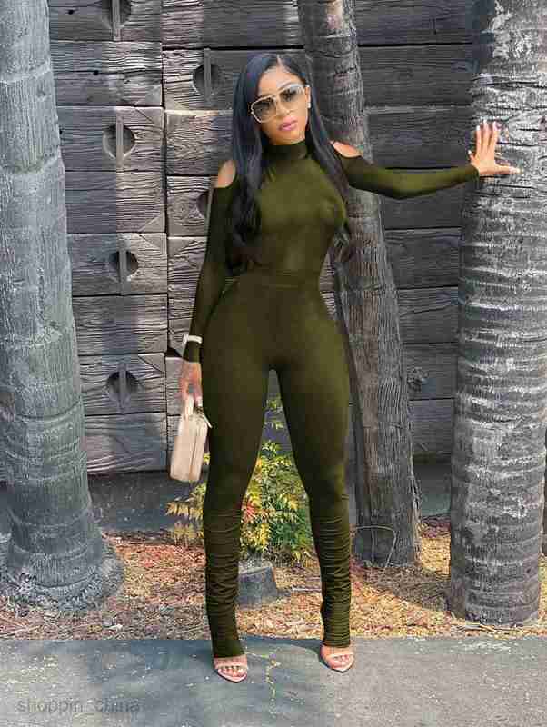 Women's Tracksuits Women's Sexy Shoulder Slim Long Sleeve Zipper Solid Color Fashion jumpsuit Sets