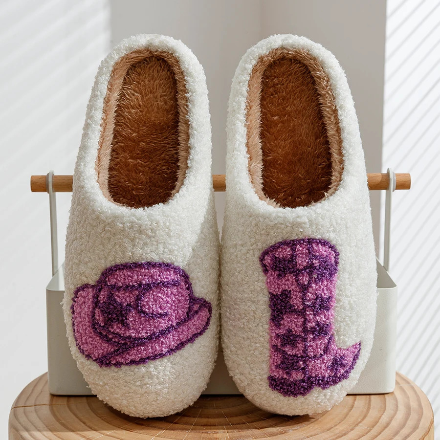 Country Nashville Style Boot Women Slippers Cowgirl Hat Fluffy Slides Comfortable Cozy Comfy Houseshoes Winter Home Cowboy Shoes 240612