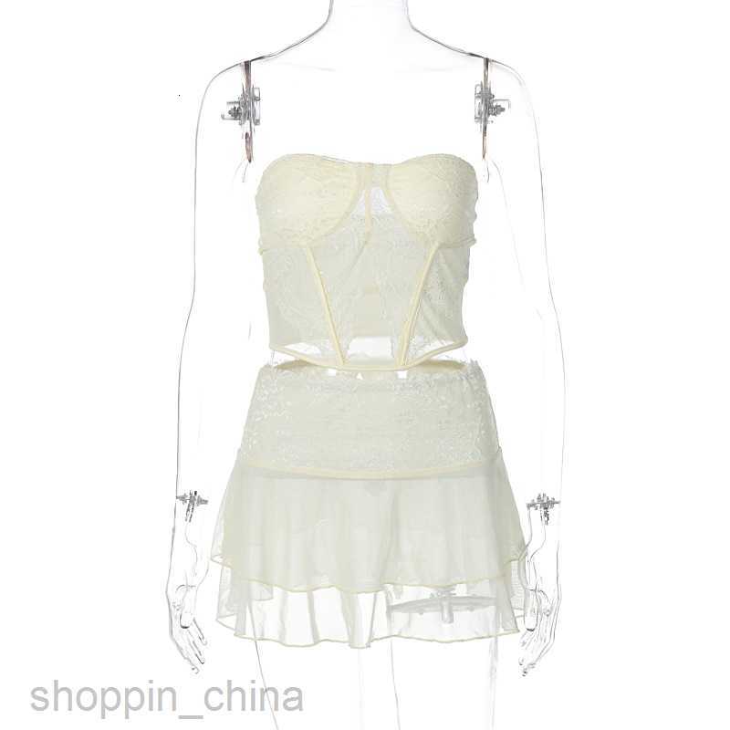 Two Piece Dress Sets Explosive new women's wear sexy collage lace perspective chest wrap super short double-layer pure desire short skirt suit (w