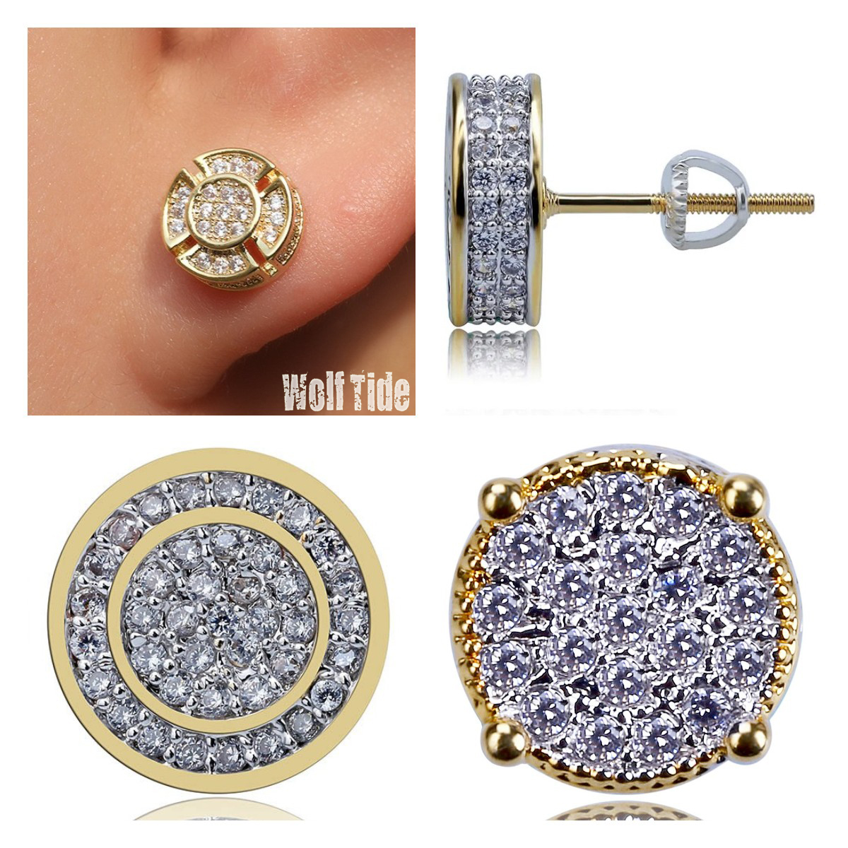 18K Gold Hiphop Cubic Zirconia Round Stud Earrings 7/8/12mm for Men Women Girls Full Diamond Earrings Studs Iced Out CZ Stone Rock Rapper Wolf Tide Je