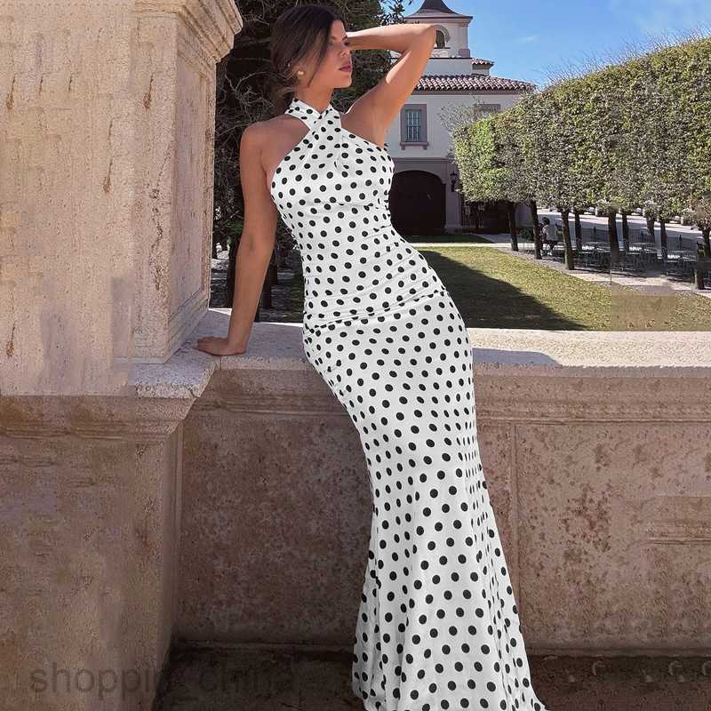 Basic Casual Dresses Summer New Fashionable Satin Polka Dot Hanging Neck Back Style Dress