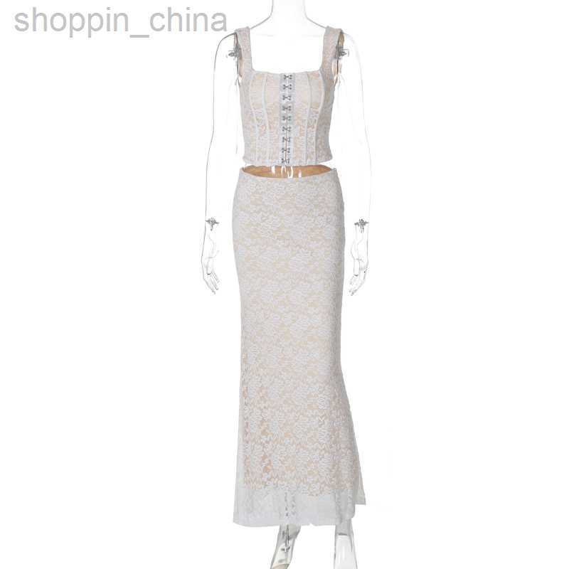 Two Piece Dress Sets Fashionable summer street style sexy buckle strap double-layer patchwork lace long skirt set