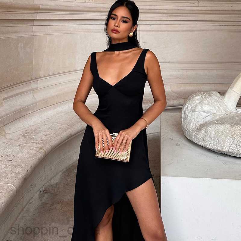 Basic Casual Dresses new sexy backless deep V temperament slim fit slit long dress ribbon decoration for women