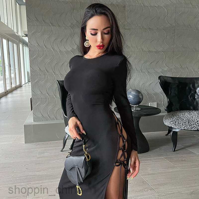 Basic Casual Dresses summer new diagonal slit tie up long sleeved dress for women
