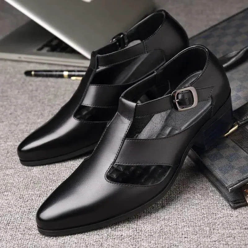 Mens Genuine Leather High Heel Dress Sandals Daily Business Office Work Sandals Trendy Hollow Pointed Toe Buckle Sandals 240612