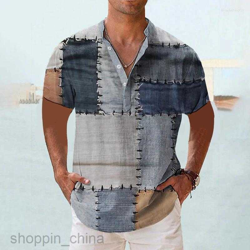 Men's Casual Shirts Vintage Shirt For Men Patch Pattern 3D Print Funny T Summer Short Sleeve Clothing Button Down Tops G05