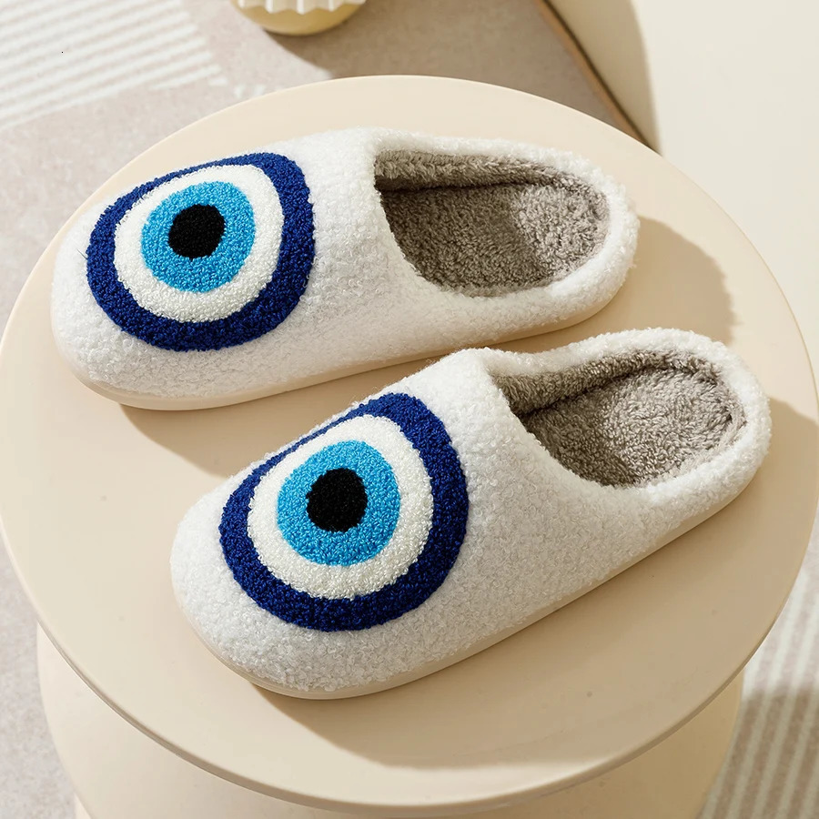 Evil Eyes Blue Embroidery slippers High Quality Women Men Slippers Fashion Pattern Shoes Warm Home Devils Eyes Houseshoes 240612