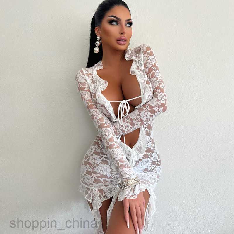 Basic Casual Women Dresses Summer Sexy Spicy Girl Lace Perspective Deep V-neck Slim Wrap Hip Dress