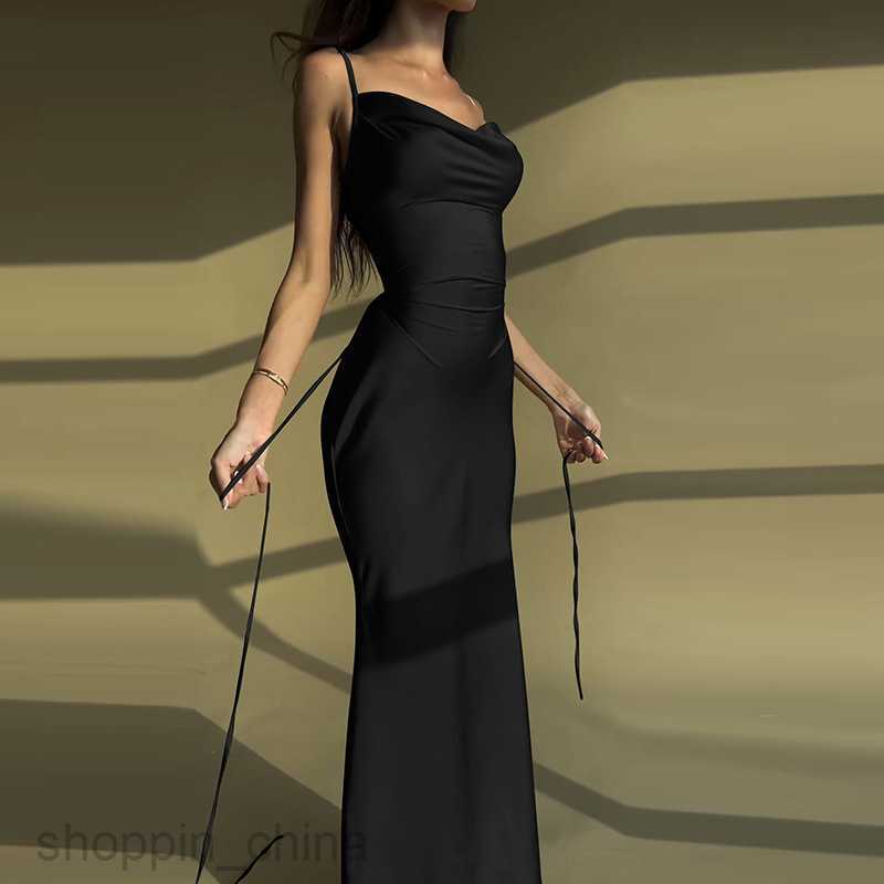 Basic Casual Women Dresses Summer Elegant Style New Solid Color Splicing Lace up Waist Tie Long Slim Hanging Strap Dress for Women