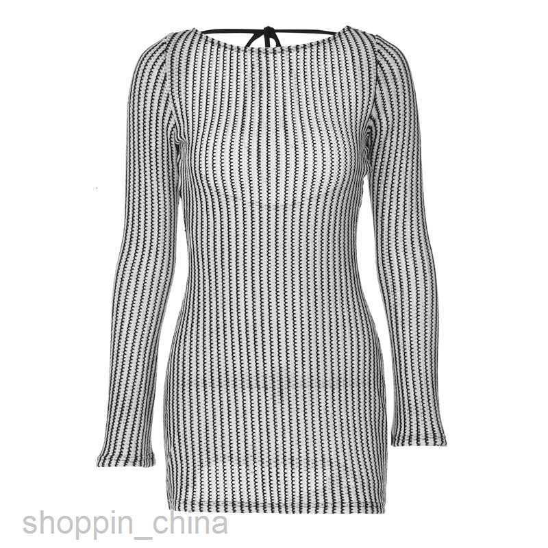 Basic Casual Dresses New Fashion Stripe Print Sexy Style Hollow Back Long Sleeve Slim Fit Dress for Women