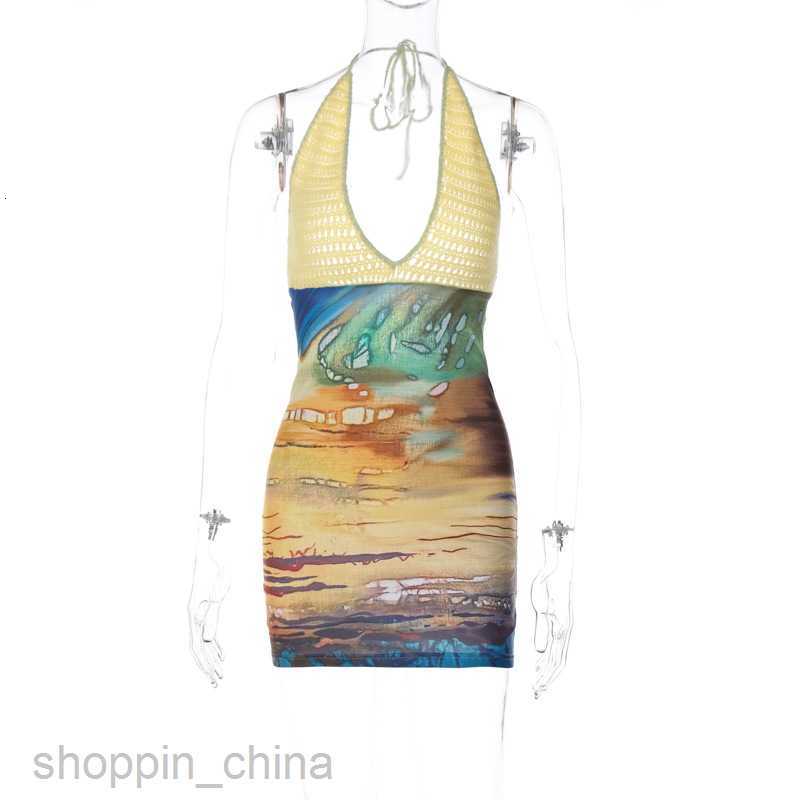 Basic Casual Women Dresses Spring New Sexy Print Spliced Woolen Deep V Hanging Neck Wrapped Hip Dress for Women
