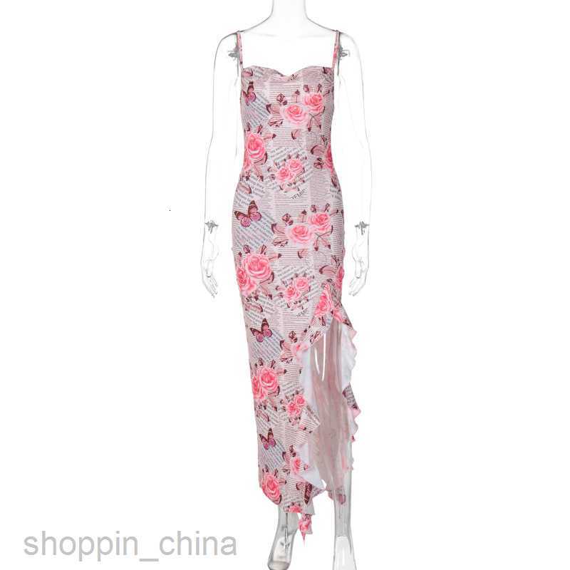 Basic Casual Dresses Summer Women's New Flower Printed Ruffle Edge Split Sling Fashion Dress