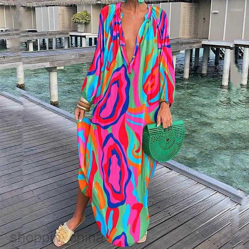 Casual Dresses Women Print Loose Beach Elegant Retro Harajuku V-Neck Maxi Dress Sexy Long Sleeve Oversized S02