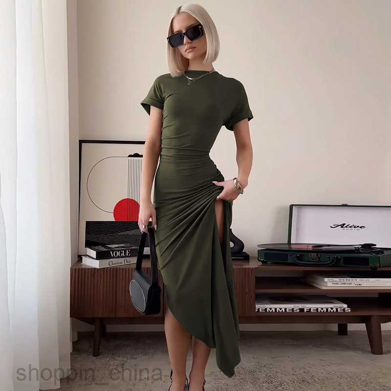 Basic Casual Dresses fashion solid color short sleeved long slim fitting street style versatile double layered slit dress